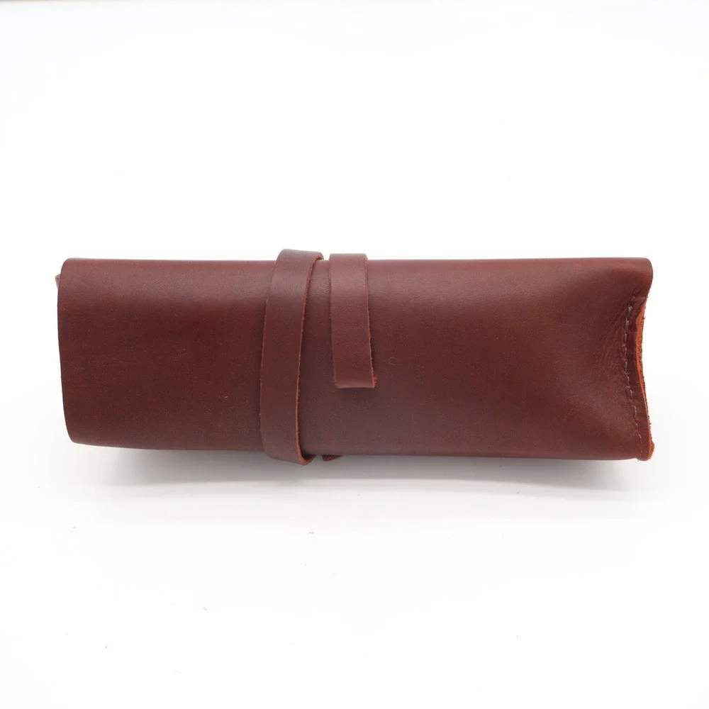 Unisex Adults Pencil Case Dark Brown Genuine Leather Classic Wrap Strap